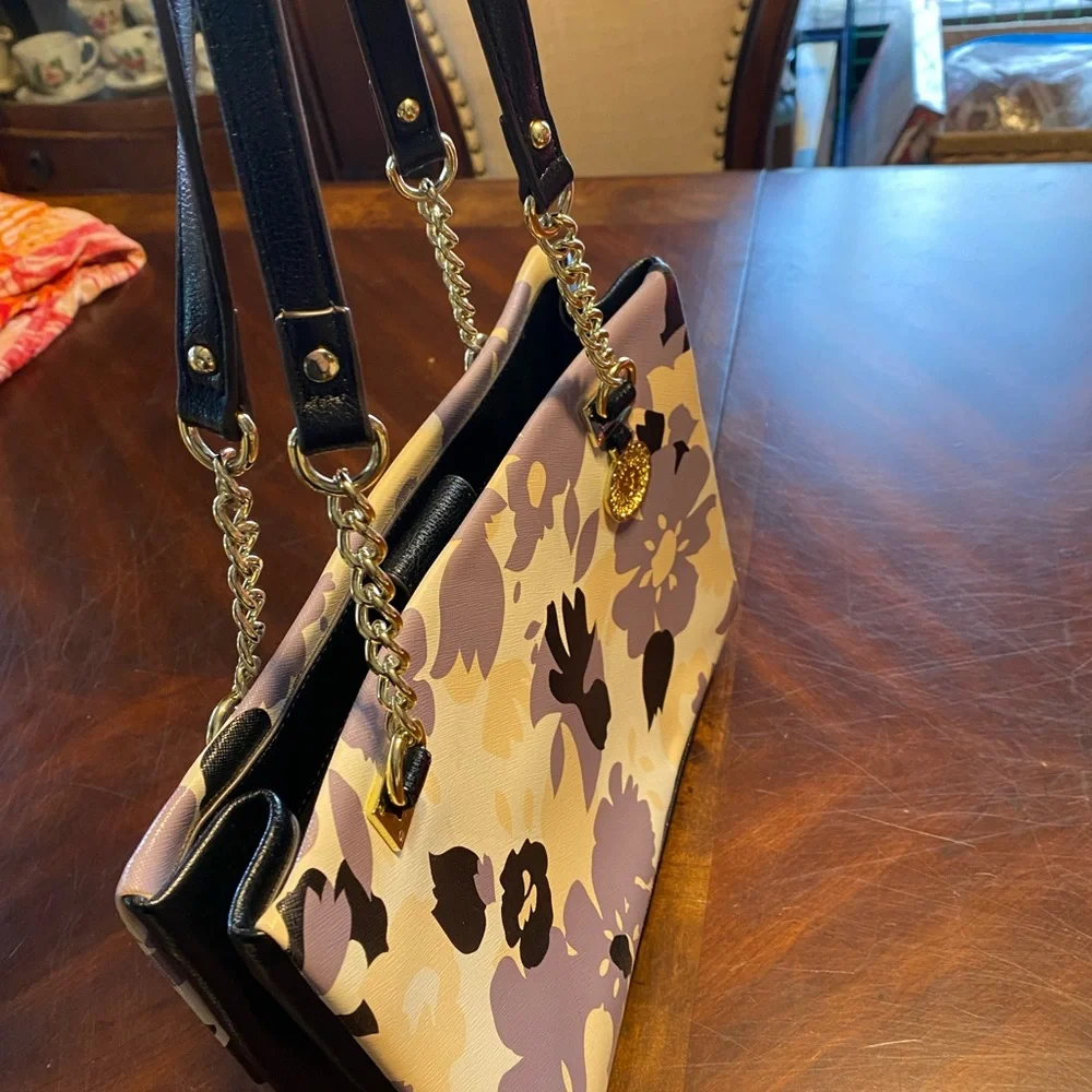 Anne Klein Floral Shoulder Bag - Purple, Black, Gold - Picture 2 of 13